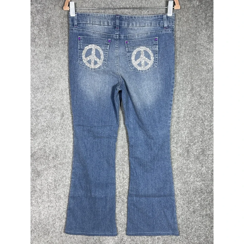 JOLT Jeans Girls‎ Size 16 Blue Bootcut BLING Beads Rhinestone PEACE Sign Pockets